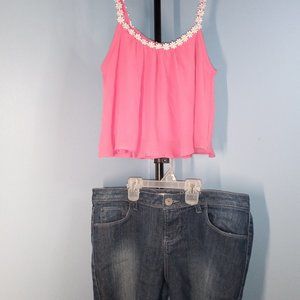 (2 PIECES) LOVE CULTURE PEACHY / PINK TANK FLOWER PETALS + SIZE 13 JEAN SHORTS